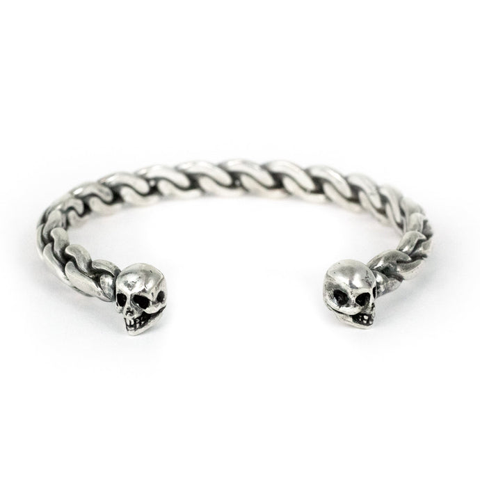 double headed skull cuff, skull bracelet, unisex skull cuff, unisex silver chain cuff, hellhound jewelry bracelet