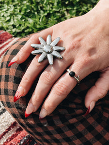 Giant silver daisy ring used in Thin Wild Mercury photoshoot., daisy ring, sterling silver ring, hellhound jewelry ring, ring on hand