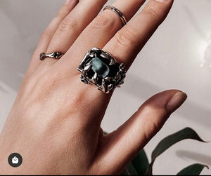 biker witch jewelry. chunky silver ring with emerald cut onyx goth jewelry, twig ring, sterling silver ring, black onyx ring, hellhound jewelry ring, lily ring, ring on hand, bone ring