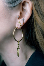 Gold bone stud earring in ear, Gold bone stud earrings, gold earrings, bone earrings, stud earrings, hellhound jewelry earrings