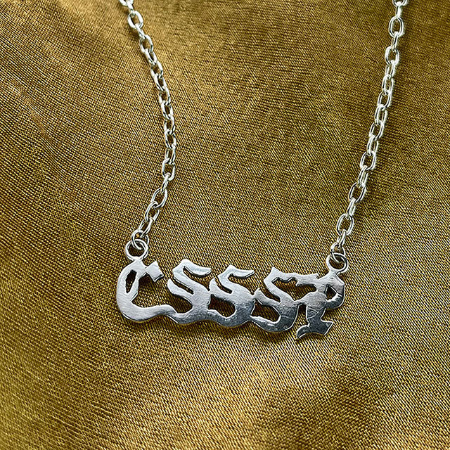 nameplate necklace, hellhound jewelry necklace, alt jewelry, sterling silver jewelry, sterling silver necklace