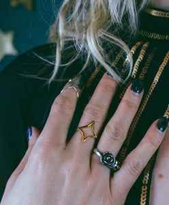 Gold open star ring on hand, star ring, gold ring,  hellhound jewelry ring, nebula ring
