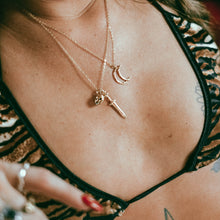 Luna necklace, moon necklace, gold necklace, hellhound jewelry necklace, charm necklace, open moon necklace, gold necklace on model with other hellhound jewelry