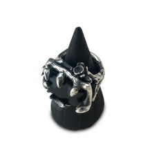 biker witch jewelry. chunky silver ring with emerald cut onyx goth jewelry, twig ring, sterling silver ring, black onyx ring, hellhound jewelry ring, lily ring, top angle of ring, bone ring