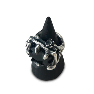 biker witch jewelry. chunky silver ring with emerald cut onyx goth jewelry
