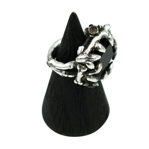 biker witch jewelry. chunky silver ring with emerald cut onyx goth jewelry, twig ring, sterling silver ring, black onyx ring, hellhound jewelry ring, lily ring, side angle of ring, bone ring