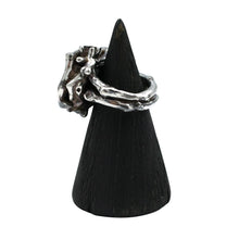biker witch jewelry. chunky silver ring with emerald cut onyx goth jewelry, twig ring, sterling silver ring, black onyx ring, hellhound jewelry ring, lily ring, side angle of ring,  bone ring