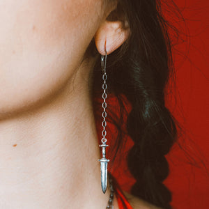 silver dagger earring, silver dagger jewelry, silver chain earring