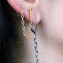 sword and chain earring stud, hellhound jewelry earring, gold earring, chain earring, double stud earring, sword and chain double stud on model