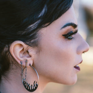 sword and chain earring stud, hellhound jewelry earring, sterling silver earring, chain earring, double stud earring, sword and chain double stud on model with hellfire hoops