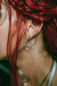 thick chain double stud, chain earring, sterling silver earring, hellhound jewelry earring, thick chain double stud on model