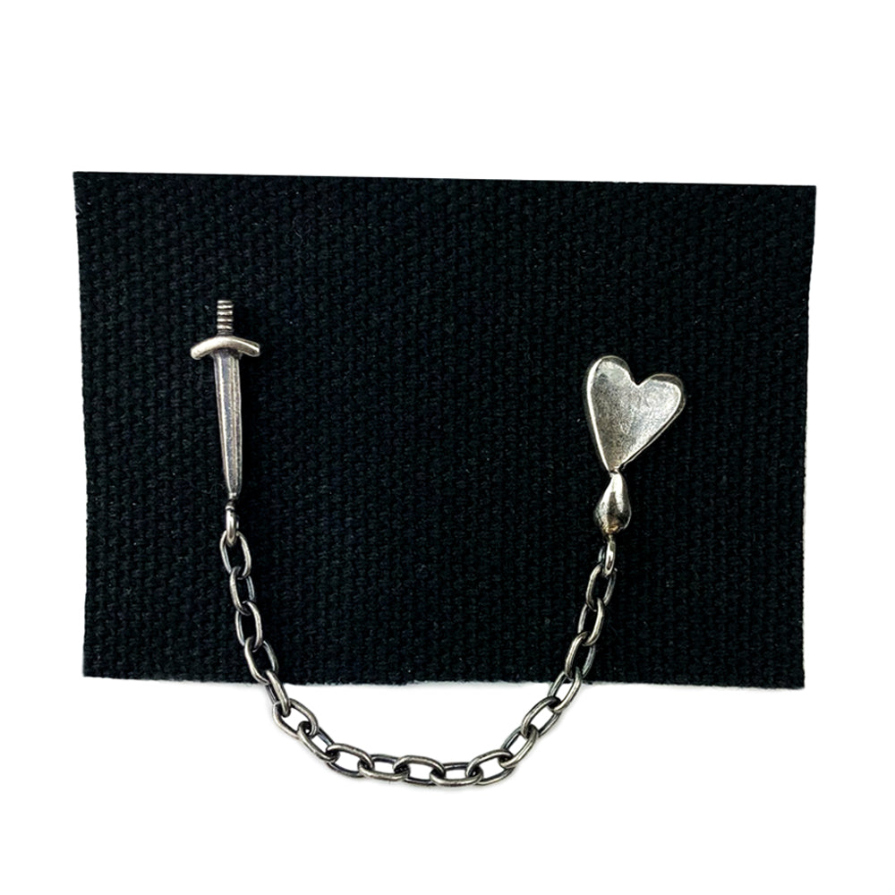 Dagger and heart double stud with chain, dagger earring, heart earring, chain earring, sterling silver earring, hellhound jewelry earring