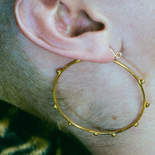 Gold studded orb hoop earrings, hellhound jewelry hoops, studded hoop earrings, gold earrings, gold hoops, studded orb hoop earrings on model