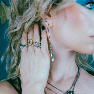 twiggy ring, sterling silver ring, twig ring, hellhound jewelry ring, twiggy ring on model with other hellhound jewelry