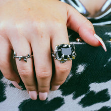 biker witch jewelry. chunky silver ring with emerald cut onyx goth jewelry. Thorn ring fine jewelry
