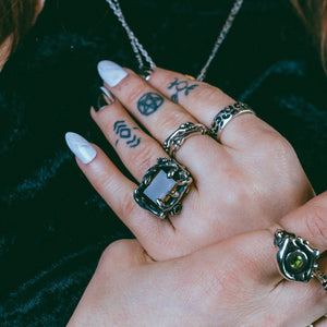 biker witch jewelry. chunky silver ring with emerald cut smokey quartz protection jewelry goth jewelry