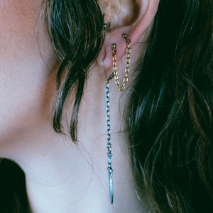 stud chain earring, gold chain earring, gold earring, hellhound jewelry earring, chain earrings in ear