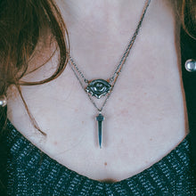 Talisman evil eye necklace, dripping eye necklace, hellhound jewelry necklace, protection necklace, model wearing evil eye neckalce