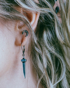 Coffin nail earring, spike earring, sterling silver earring, dangle earring, hellhound jewelry earring, sterling silver spike earring on person