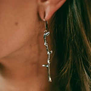 Switch drop earrings, sterling silver earrings, twig earrings, dangle earrings, hellhound jewelry earrings, switch drop earrings on model